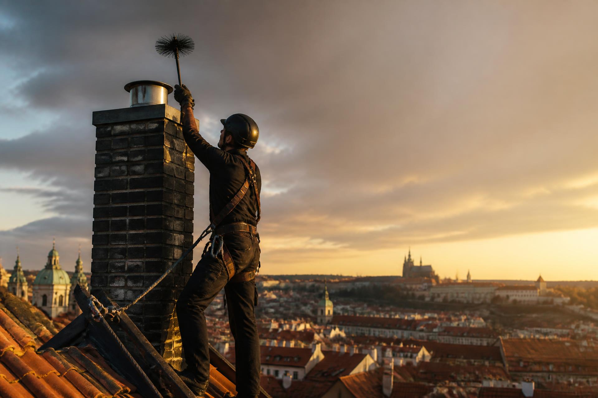 Profesionální kominík při práci na střeše v Praze